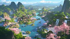 画面四周是植物与长寿花，中景是北京城市，远处是山、天空、白云，色调清新， C4D, 3D style, full of spring atmosphere, romantic and dreamy atmosphere, clear and bright colors, highest quality, 8K，海报设计