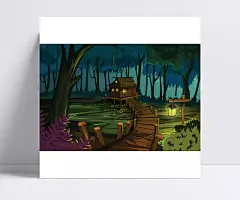 森林中湖面上的栈道和亮着灯光的小屋矢量素材|森林,树木,植物,湖泊,河流,栈道,小屋,房子,流水,灯光,大自然,景观,风景,风景插画,手绘插画,自然风景,矢量素材