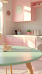 a 3d render of a minimal pastel shade retro kitchen interior, vibrant, monotone, bright ambiance, in foreground table in focus, minimal and clean