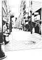 现代建筑场景线稿图片 黑白CG二次元漫画背景参考城市街道背景线条