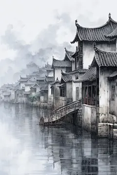 水墨画风徽派建筑江南水乡插画