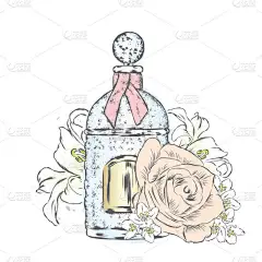 香水瓶和鲜花。矢量。打印明信片、 海报或服装上.
