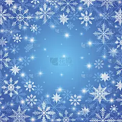 贺年卡。蓝色背景，金色雪花。向量