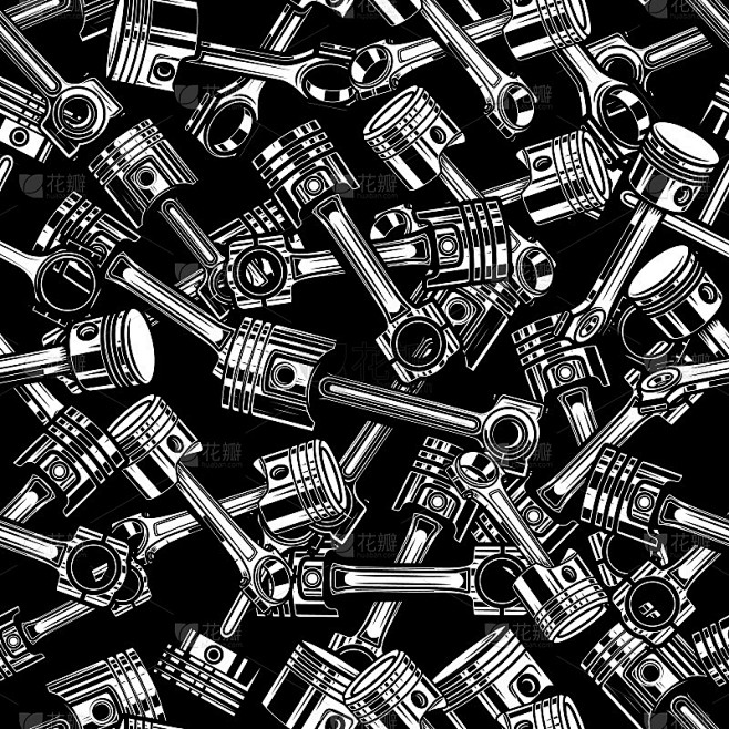 Seamless pattern with automobile pistons in monoch