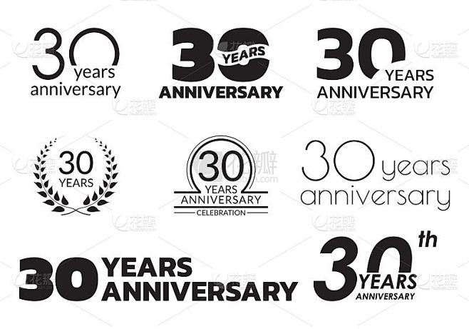 30周年纪念图标或标志集。30岁生日庆祝徽章或标签的请柬，周年纪念设计。矢量插图。