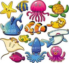 卡通海洋生物  - 源文件下载【酷图网】小丑鱼,章鱼,海龟,海星,卡通海洋生物,