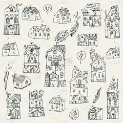 一套可爱的手绘房子。矢量插图。