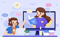 扁平学生上网课插画JPG教育学习老师网络搜课