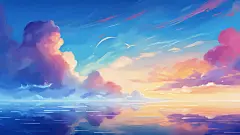 水彩插画治愈唯美天空插画云海梦幻温暖唯美桌面壁纸落日余晖