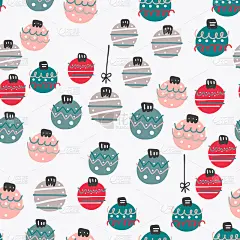可爱的彩色扁平风格圣诞球无缝图案。它可以用作壁纸、桌面、打印、包装、织物或你的博客、封面和设计的背景