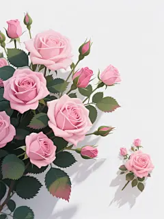 白色背景上，左侧一簇盛开的粉色玫瑰花丛，包含多朵不同开放程度的粉色玫瑰，从完全绽放的大花到含苞待放的花骨朵，搭配深绿色带锯齿边缘的叶子，部分叶子有渐变色彩，花朵和叶子呈现出数字插画的平滑质感，边缘清晰，右侧一小簇类似的粉色玫瑰花丛，整体构图左右不对称，带有轻微的阴影效果增强立体感，保持数字花卉插画的风格，色彩过渡自然，细节丰富，具有装饰性图案的美感。