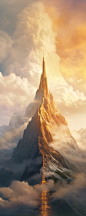 a tall mythical spire mountain with a base of clouds below during golden hour