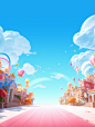 an animated cartoon style illustration, in the style of light sky-blue and light pink, fantastical street, spectacular backdrops, frontal perspective, villagecore, candycore, rtx on