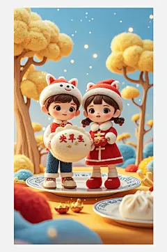立冬海报设计羊毛毡3D卡通餐盘上
