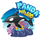 Free vector orca or killer whale cartoon character with panda whale font banner isolated