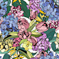 鲜艳的花朵无缝，植物插画手绘