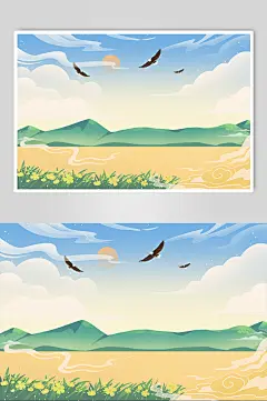 扁平风河流草原插画背景元素素材