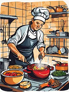 AI数字艺术扁平厨师在厨房烹饪插图