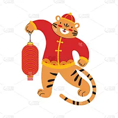 2022年中国虎年。可爱的老虎手捧红色的中国纸灯笼庆祝春节。穿着传统服装的卡通人物。手绘矢量插图
