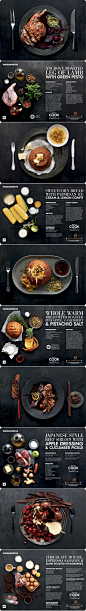 Nice use of grids, easy to read, great on black background - Laura Wall on behance: Editorial Layout, Black Backgrounds, Food Magazines, Web Design, Masterchef Recipe, Behance Webdesign, Food Web, Magazines Layout, Cookbook Design