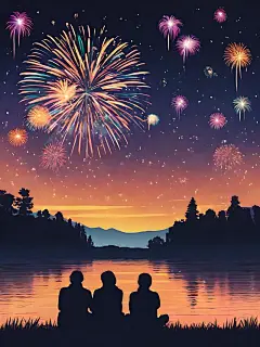 卡通风一群看烟花的人AI数字艺术