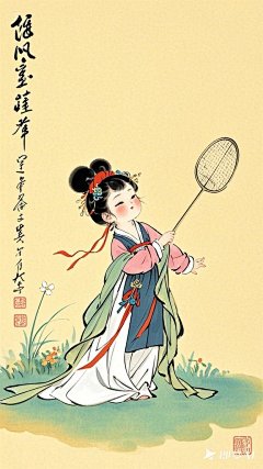 全景,水墨插画,极简主义，漂亮的唐代女士插画,女士打羽毛球，现代人物与古风工笔画结合，画风细腻成熟，独特的风格，识别度高，人物讨喜又不失韵味，可爱的Q版唐代风俗画图，背景简洁，纯色背景。 (2)