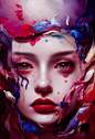 beautiful woman face, mixed with raspberry skins, red and indigo and white tones. Paint splatters. Motion blur. Light halation.