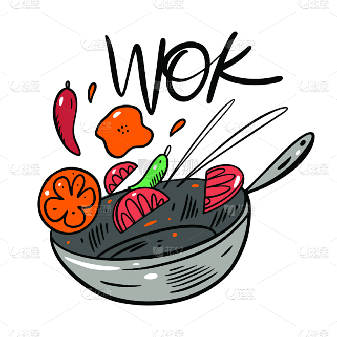 炒菜锅,矢量,绘画插图,卡通,分离着色,街头食品,白色背景,有机食品,蔬菜,图标集
