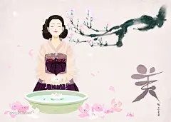 中式古典人物唯美民族服装梅花古筝植物水墨插画