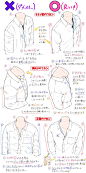 【シャツ服(ふく)の描(えが)き方(かた)】「えり周(まわ)りのアングル」と「上半身(じょうはんしん)のシワ流(なが)れ」が上達(じょうたつ)する「ダメかも❌」と「良(よ)いかも⭕️」衣领