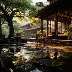(3/4)日式房屋坐在池塘里，有树木，以拉科斯特的风格，具有氛围的镜头，传统的街道场景，明亮而梦幻的场景，宁静而平和的氛围，UHD图像，照片现实主义真实的技术(AI绘图来自WeDraw.art)