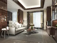 3D用大理石瓦片和书架渲染木制经典客厅