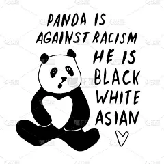 熊猫反对种族主义。他是黑人，白人，亚洲人。矢量涂鸦手写主题反种族主义，抗议种族不平等和革命性的设计