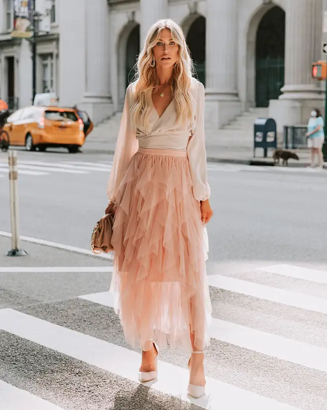 Ruffled Tulle Midi Skirt With Elastic Waist Band