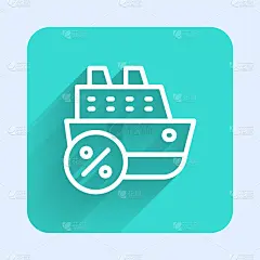 白色线邮轮图标孤立与长影子。旅游、旅游、航海运输。远航客轮、邮轮。全球巡航。绿色广场按钮。向量