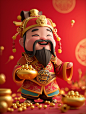 Cute Chinese God of wealth, holding a large shiny gold ingot in his hand, smilingminimalist style, simple and clean light red background, full-length portrait, brightlighting, soft and advanced color, 3D Pixar style, C4D, blender, chibi, ultra detail