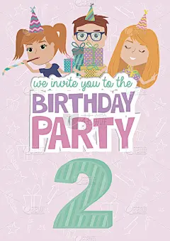 儿童派对海报与有趣的卡通人物。聚会的请帖或贺卡