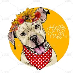 向量肖像的比特斗牛犬狗戴秋天的树叶皇冠。你好,秋天插图。橡木，枫木，栗子，罗文。手绘宠物肖像。海报，