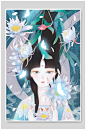 花朵高端大气少女手绘古风人物插画