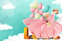 梦幻公主乘气球云端漫步 【酷图网】公主,气球,云朵,裙子,梦幻,天空,漫步,童话,少女,飞翔,浪漫,幻想,城堡,色彩,唯美