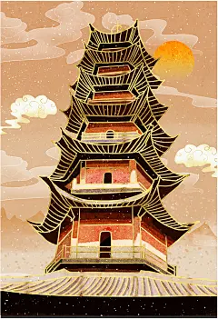 宁波天封塔城市地标建筑插画