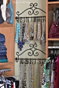 Organizing Jewelry - towel rack from hobby lobby & shower hooks from Walmart!