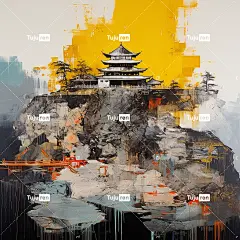 山顶寺庙鲜艳色彩雾蒙蒙的山峰意象金色和黑色海报