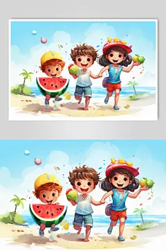 数字艺术学生放假开心过暑假扁平风插画