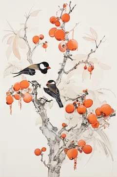 AI数字艺术柿子树事事如意插画