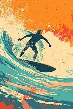 扁平风冲浪手绘夏天插画