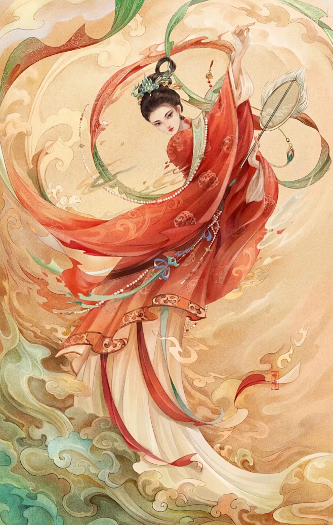 哗哗huahua哗哗作品 古风美女手绘 团扇 红衣