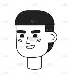 笑他的恐慌家伙与碗发型单色平面直线字符头。蘑菇剪头发。可编辑的轮廓手绘人脸图标.用于动画的2D卡通点