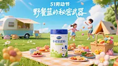 51劳动节的海报，前景画面居中一罐牛初乳奶粉，手写艺术标题字体“野餐篮的秘密武器”，蓝天白云，绿草地上的餐车，可爱的小女孩和小男孩在欢快的玩游戏梦幻般的视觉效果，露营垫上摆满了各种美食，柔软的雕塑，鲜