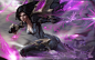 1girl afterimage black_hair blurry blurry_background bodysuit breasts cleavage collarbone facial_mark from_side kai'sa league_of_legends lips long_hair looking_away looking_back medium_breasts motion_lines parted_lips purple_eyes raikoart revision running